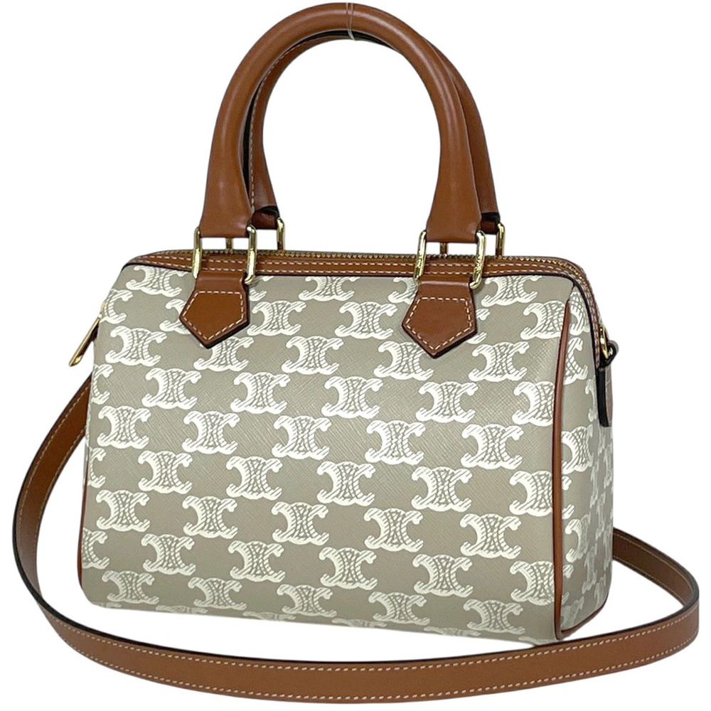 Celine Triomphe Boston Handbag Canvas Beige Cream Brown